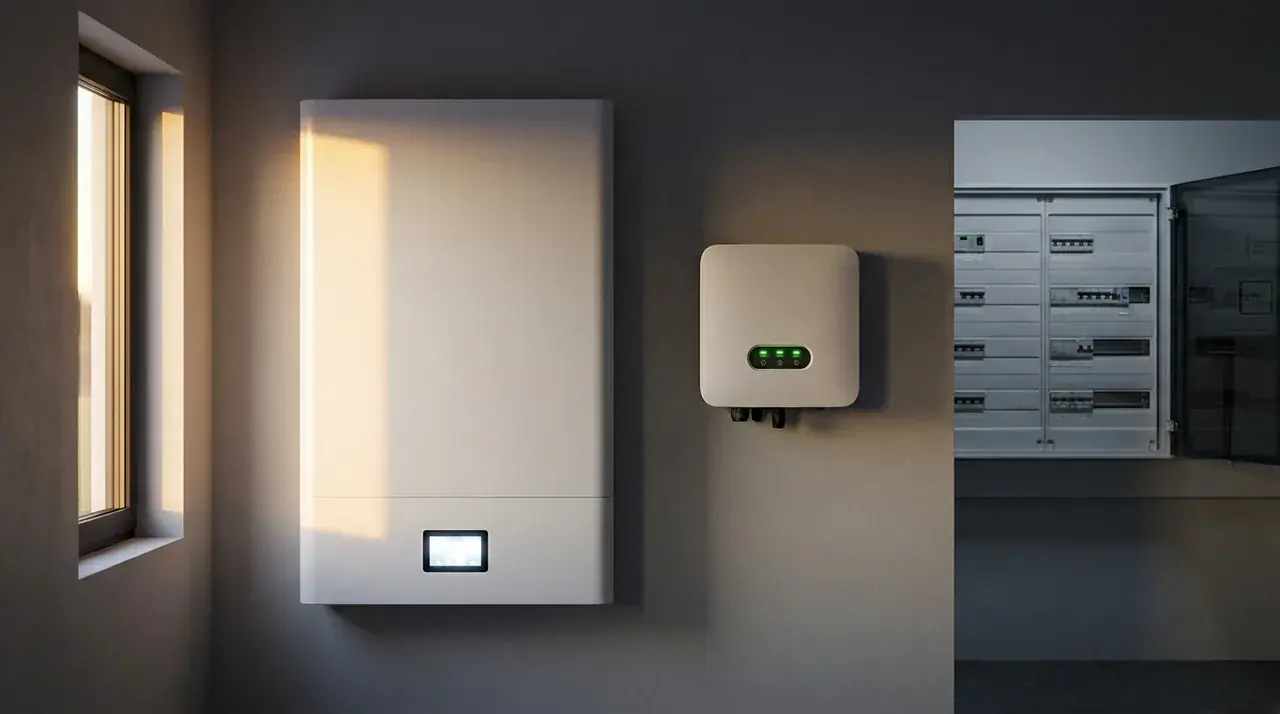 Batterie LFP murale blanche dans un cellier moderne, lumière dorée du couchant