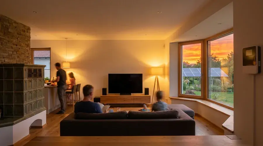 Salon d'une maison alsacienne en début de soirée, lumière chaleureuse intérieure