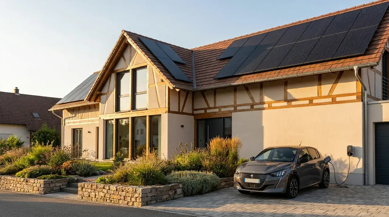 Maison alsacienne moderne avec panneaux photovoltaïques et borne de recharge VE