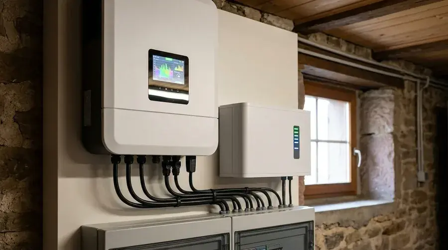 Onduleur hybride et batterie LFP fixés au mur d'un cellier alsacien