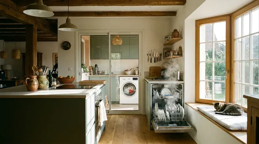 Appareils électroménagers en marche dans une cuisine alsacienne ensoleillée