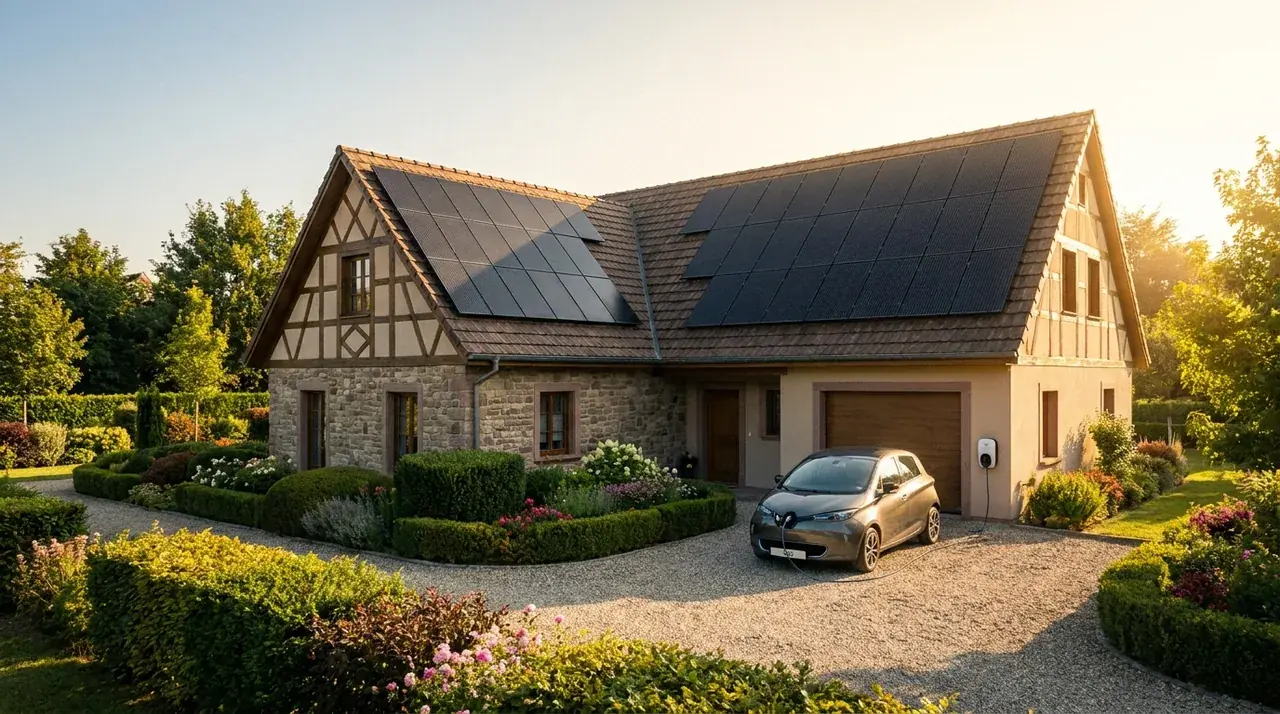 Maison alsacienne en autoconsommation solaire avec voiture électrique en charge