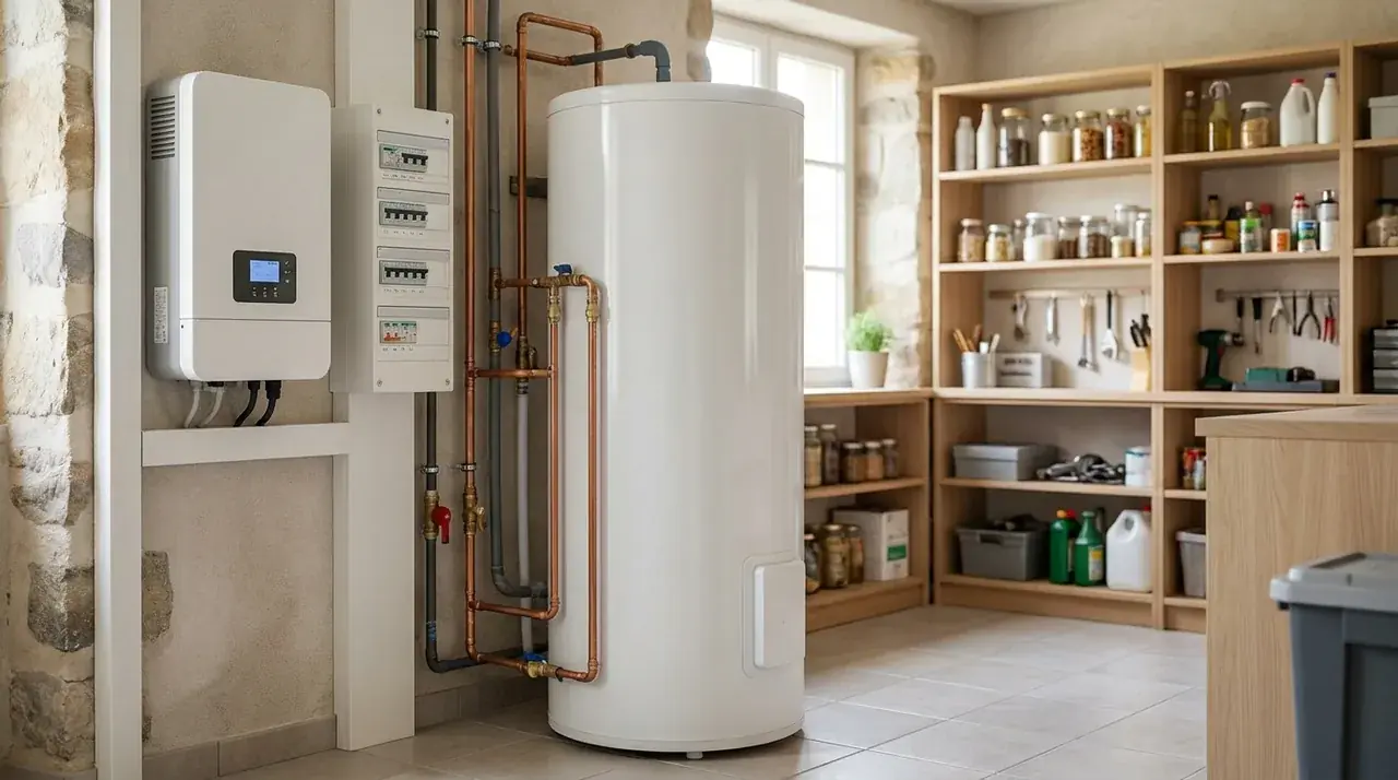 Ballon thermodynamique piloté par le surplus solaire dans un cellier de pavillon alsacien