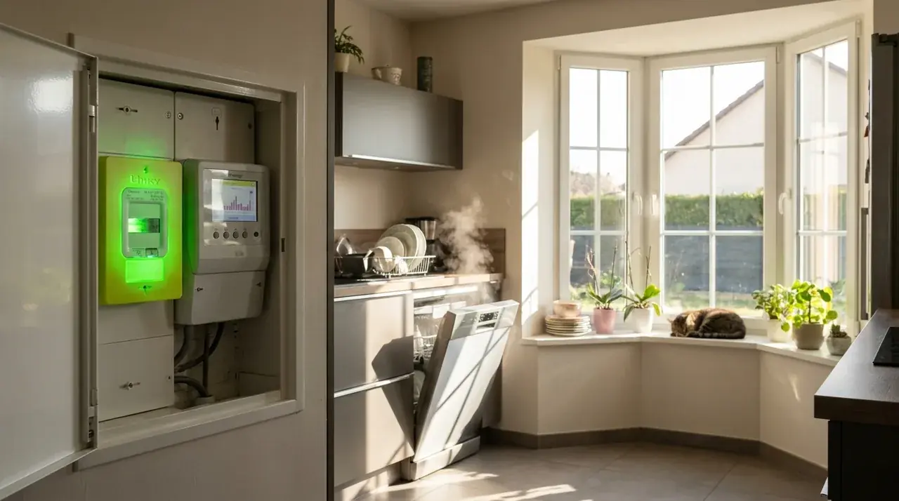Compteur Linky bidirectionnel et électroménager en fonctionnement journée