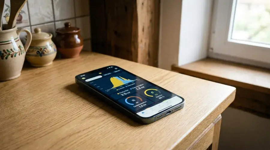 Smartphone affichant l'application de monitoring photovoltaïque avec courbes de production