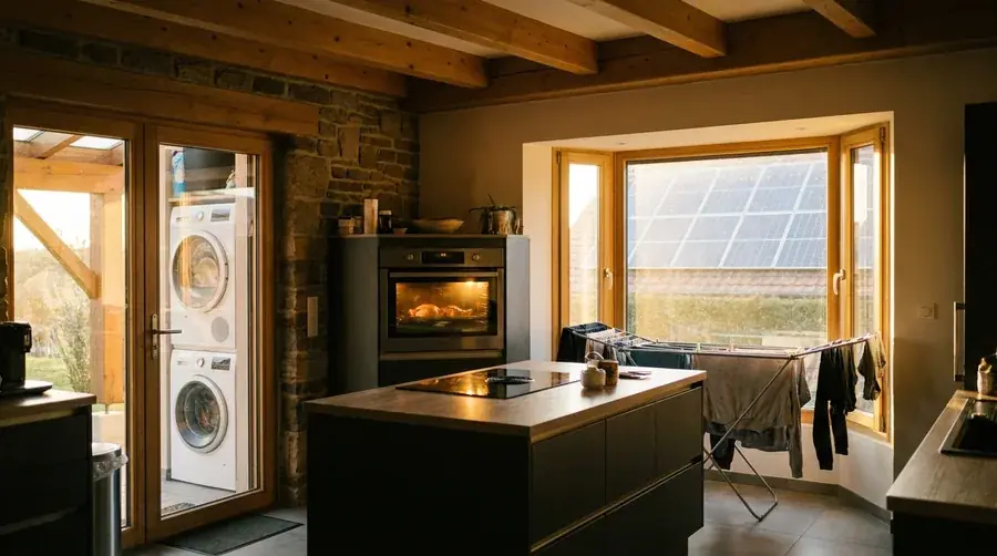 Cuisine d'une maison alsacienne avec lave-linge et four en marche en journée ensoleillée