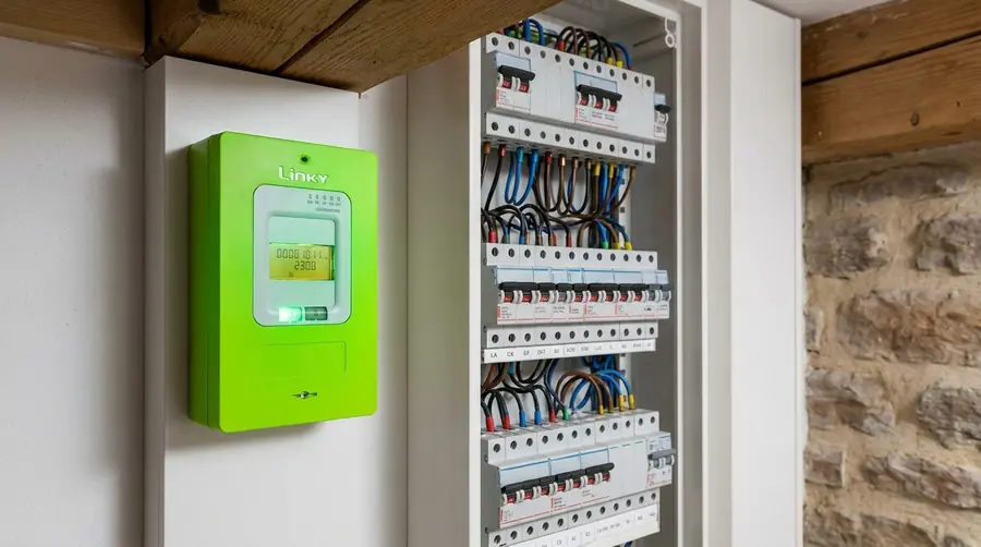 Compteur Linky vert numérique sur mur blanc d'un cellier moderne