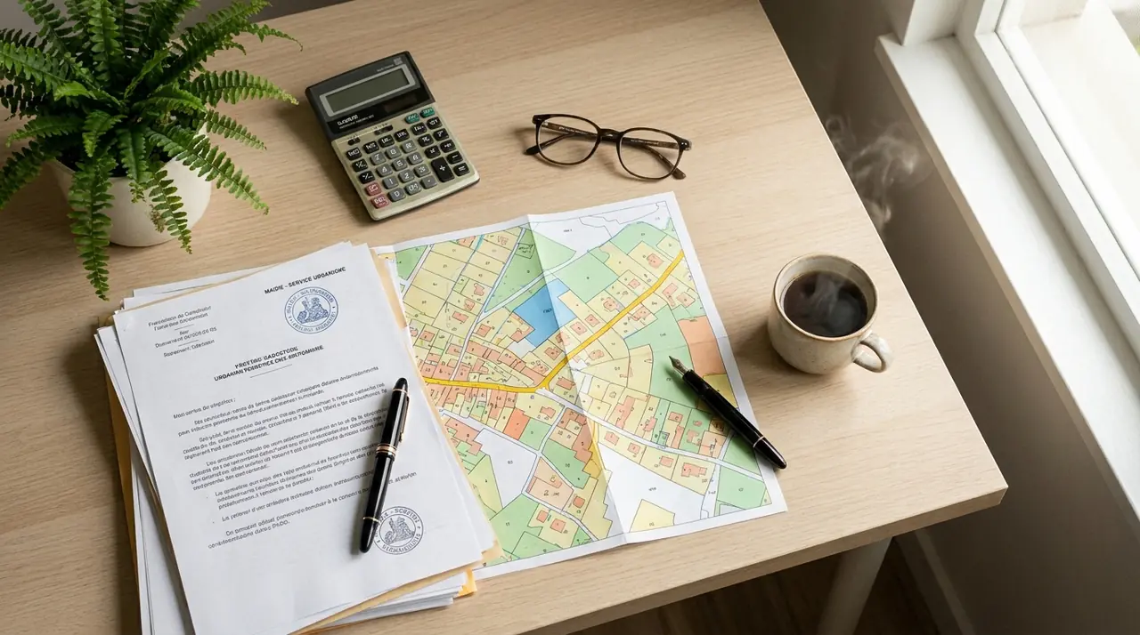 Bureau avec dossier administratif photovoltaïque, plan cadastral et tampon mairie