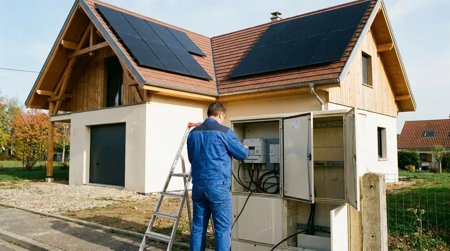 Technicien Enedis en train de raccorder un coffret électrique extérieur