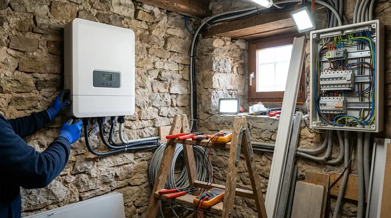 Technicien électricien en cours de raccordement d'un onduleur photovoltaïque