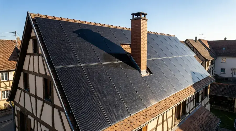 Ombre portée d'une cheminée sur des panneaux solaires en toiture alsacienne