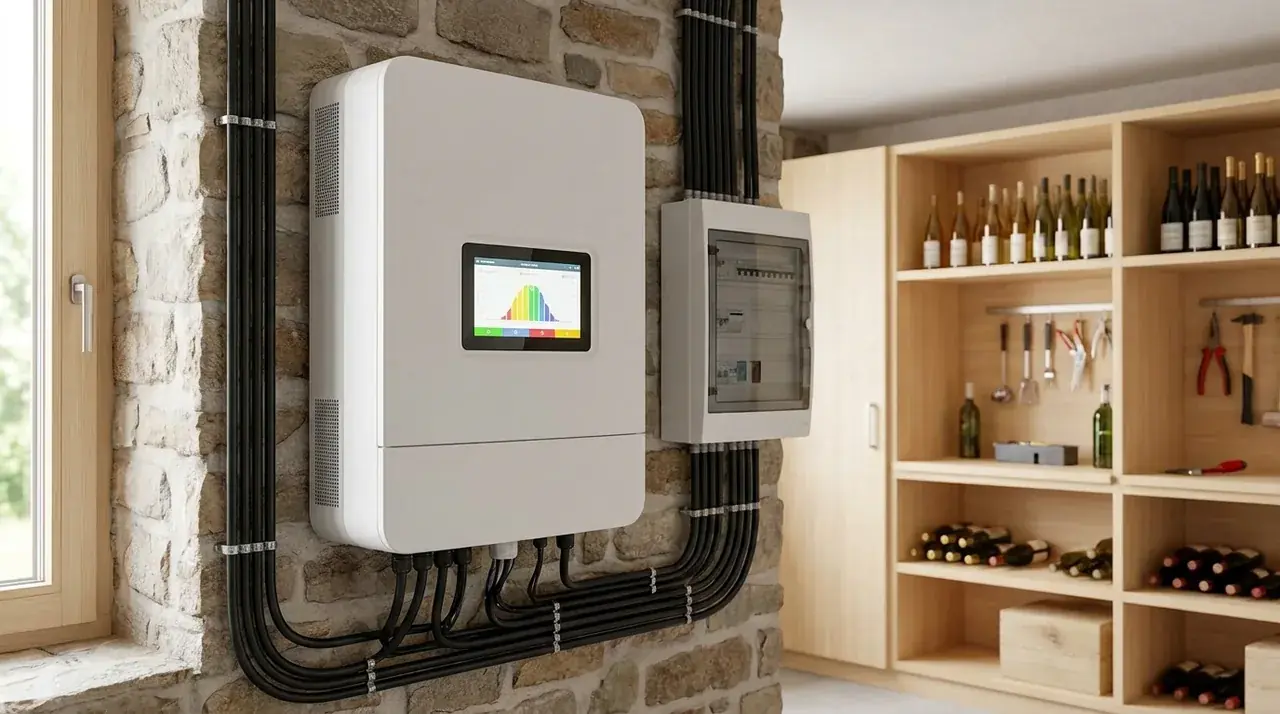 Onduleur central photovoltaïque blanc moderne fixé au mur d'un cellier alsacien