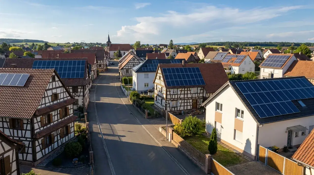 Vue du village d'Aspach-le-Bas avec installations photovoltaïques résidentielles