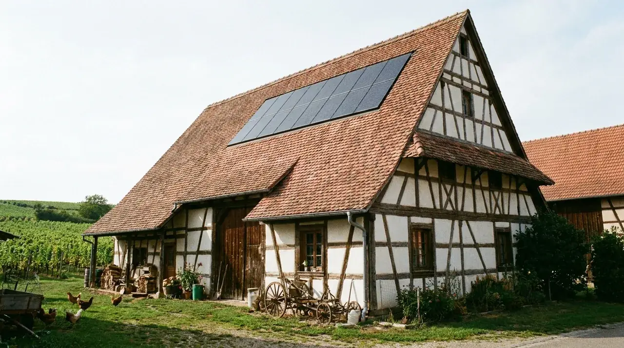 Ferme traditionnelle alsacienne à Aspach-Michelbach équipée de panneaux solaires