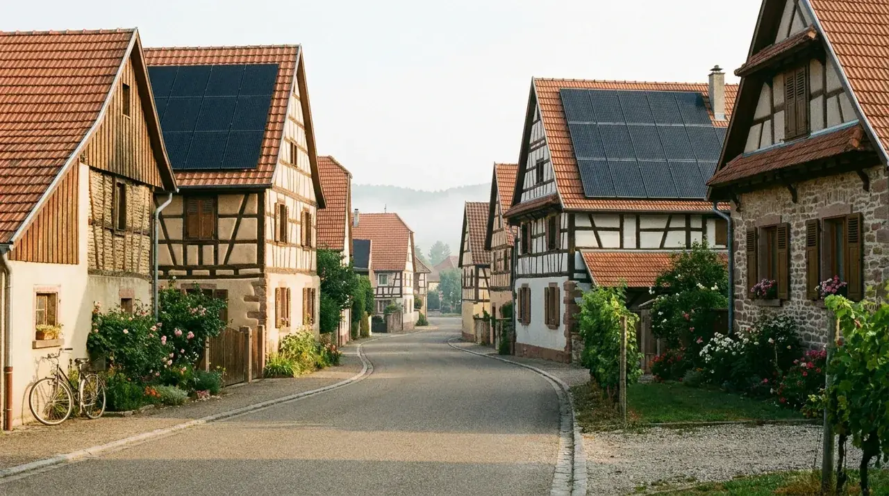 Rue résidentielle d'Aspach avec habitations équipées de panneaux solaires