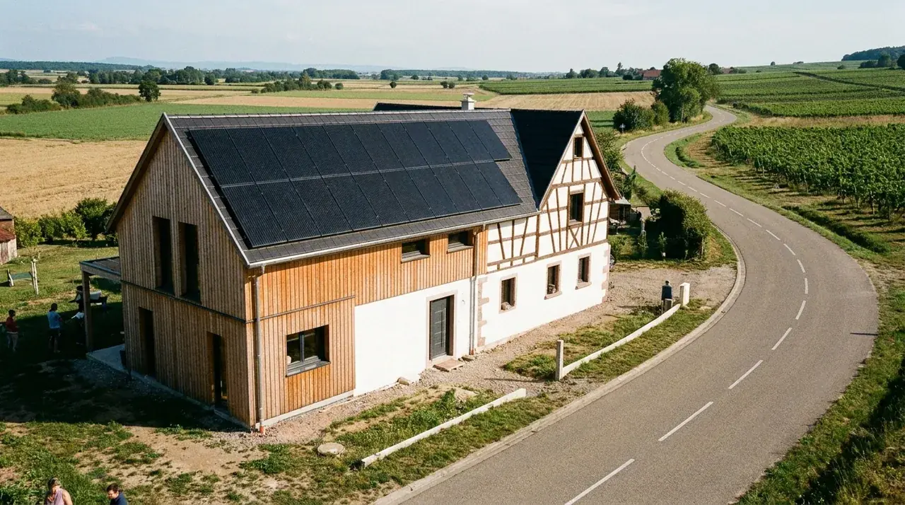 Pavillon à Burnhaupt-le-Haut équipé de panneaux solaires en bordure d'axe routier