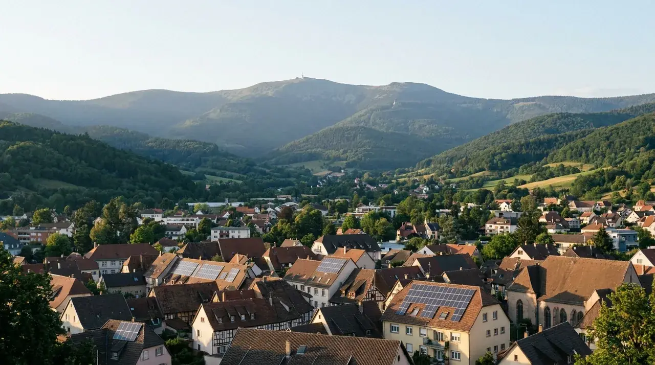 Vue de Guebwiller au pied du Grand Ballon avec ses installations photovoltaïques