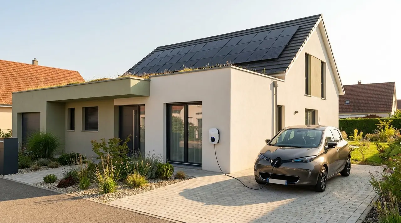 Maison à Hésingue avec panneaux solaires et borne de recharge voiture électrique en façade