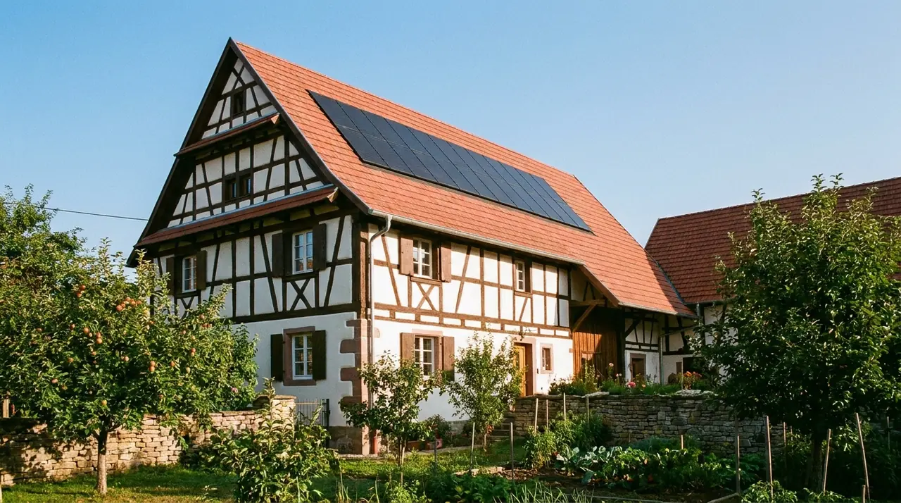 Ancienne ferme sundgauvienne rénovée à Hirsingue avec panneaux solaires sur grande toiture pentue