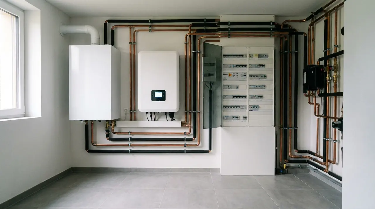 Pompe à chaleur air-eau et onduleur photovoltaïque dans un cellier d'une maison à Hirsingue