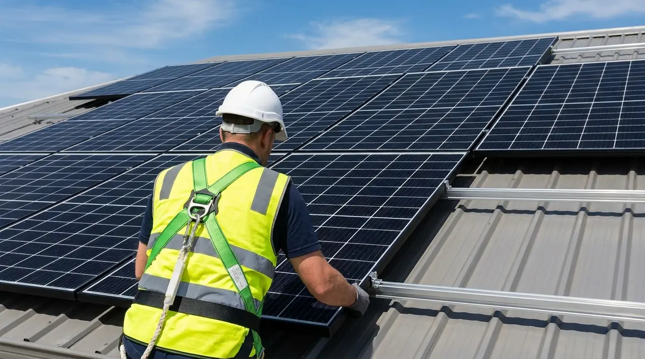 Installateur RGE Qualifelec posant des panneaux solaires sur un pavillon à Hochstatt