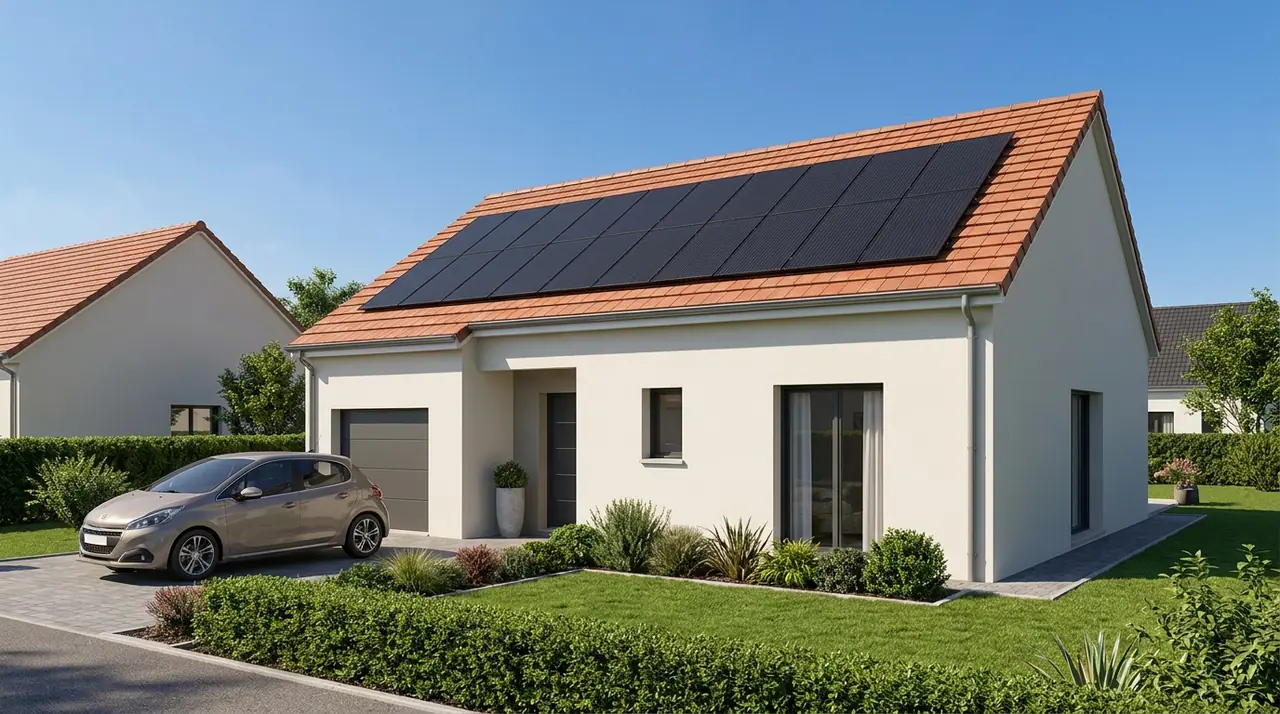 Pavillon en lotissement récent à Hochstatt avec panneaux solaires sur toiture sud-ouest
