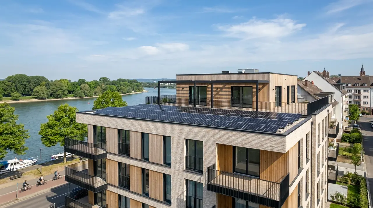 Immeuble résidentiel moderne à Huningue avec panneaux solaires en toiture-terrasse