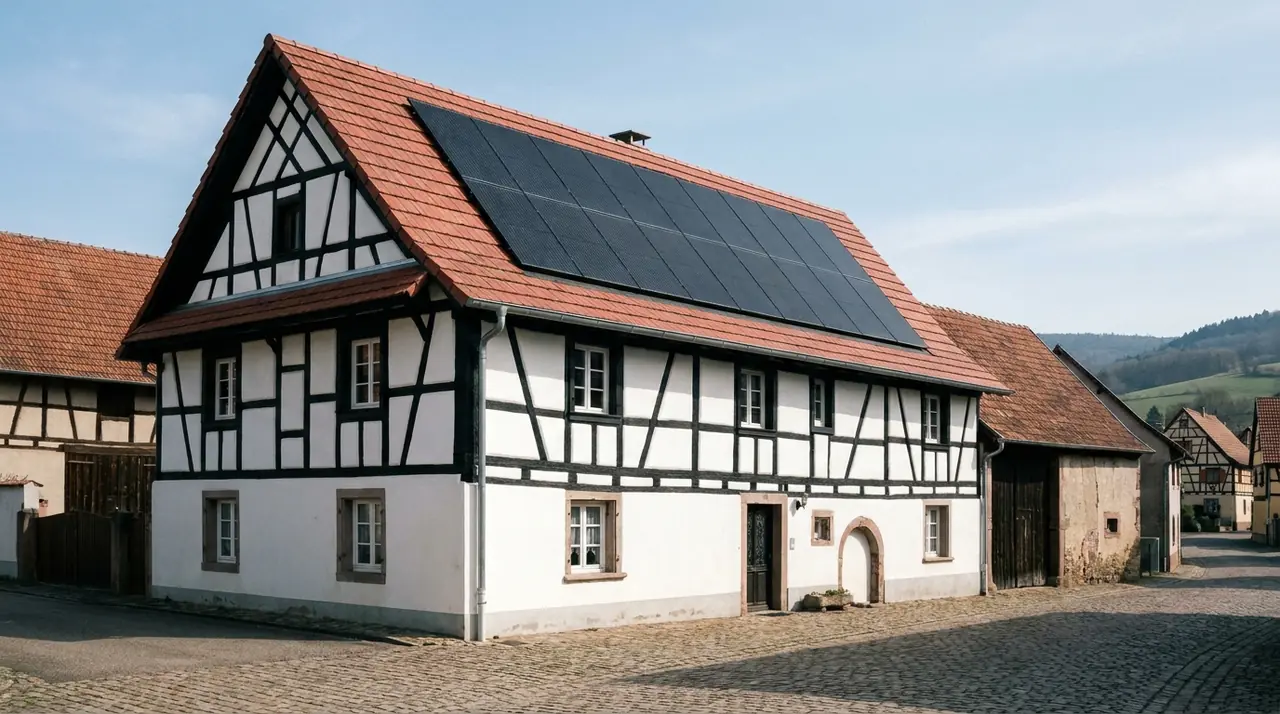 Maison à colombages de Grentzingen à Illtal avec panneaux solaires noirs intégrés