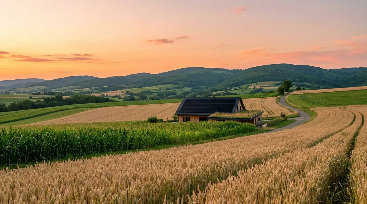 Paysage rural du Sundgau à Illtal avec maison équipée de panneaux solaires