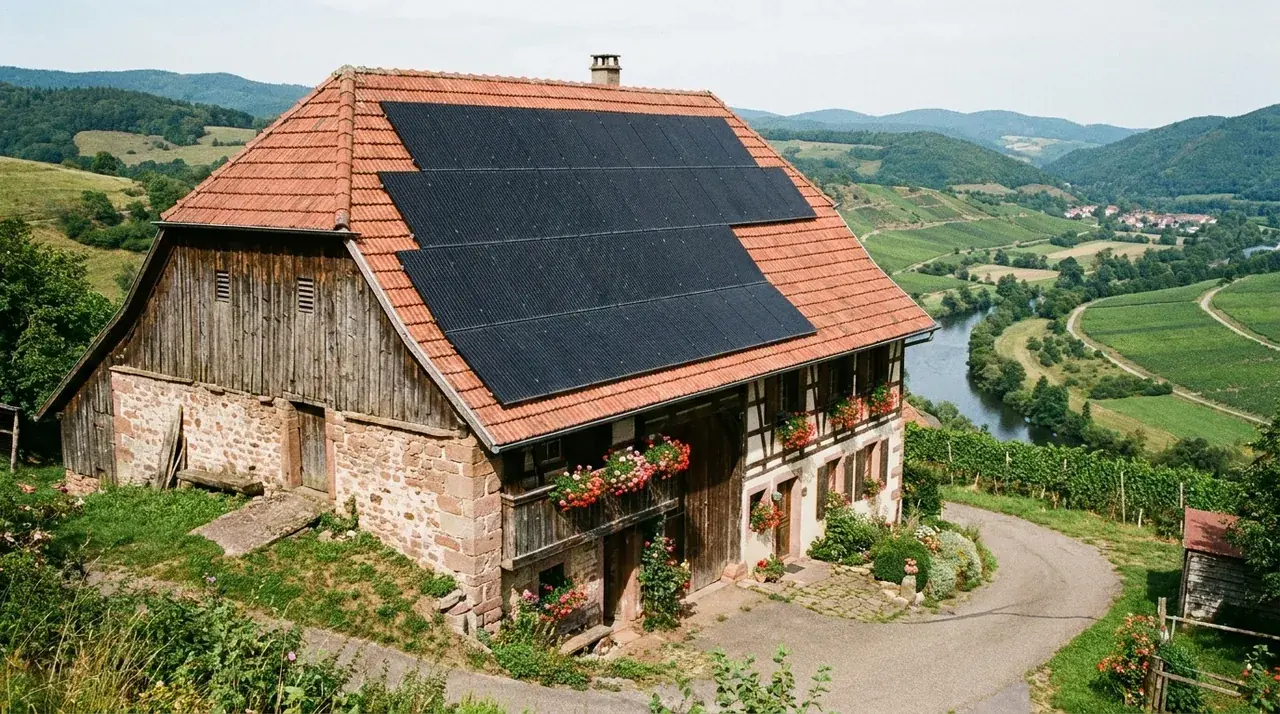 Ferme à Sentheim avec toiture à forte pente équipée de panneaux solaires