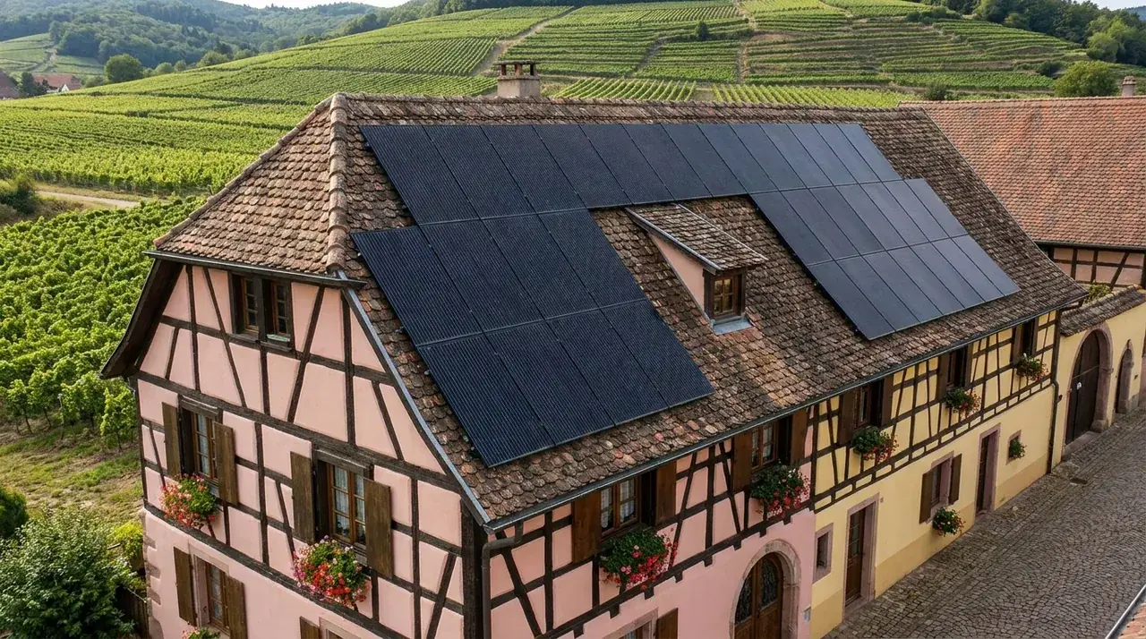 Maison à colombages à Soultz sur la route des vins, équipée de panneaux solaires