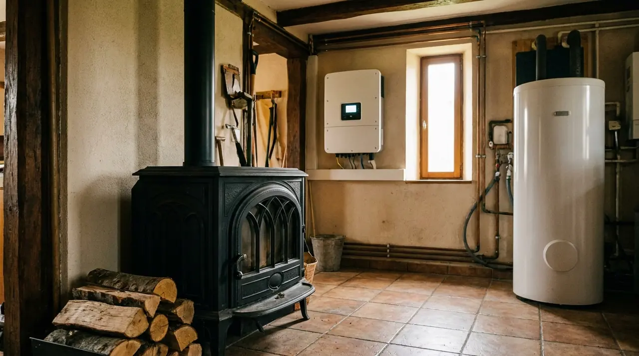 Cellier d'une maison de Waldighofen avec poêle à bois en arrière-plan et onduleur solaire