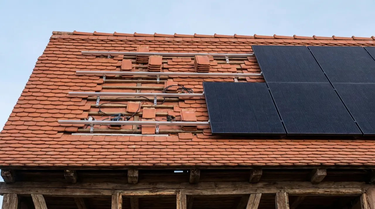 Charpente apparente et tuile plate alsacienne d'une ferme à Waldighofen