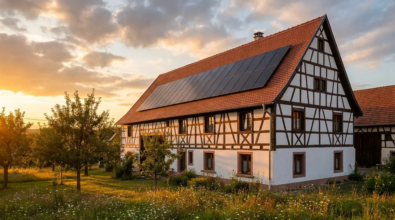 Ancienne ferme sundgauvienne à Waldighofen au soleil couchant avec panneaux solaires